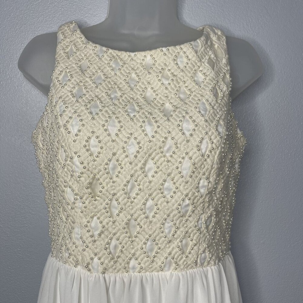 a.drea Sleeveless Ivory Beaded Fit & Flare Mini Dress Sheer Skirt Party Wedding - Picture 3 of 13